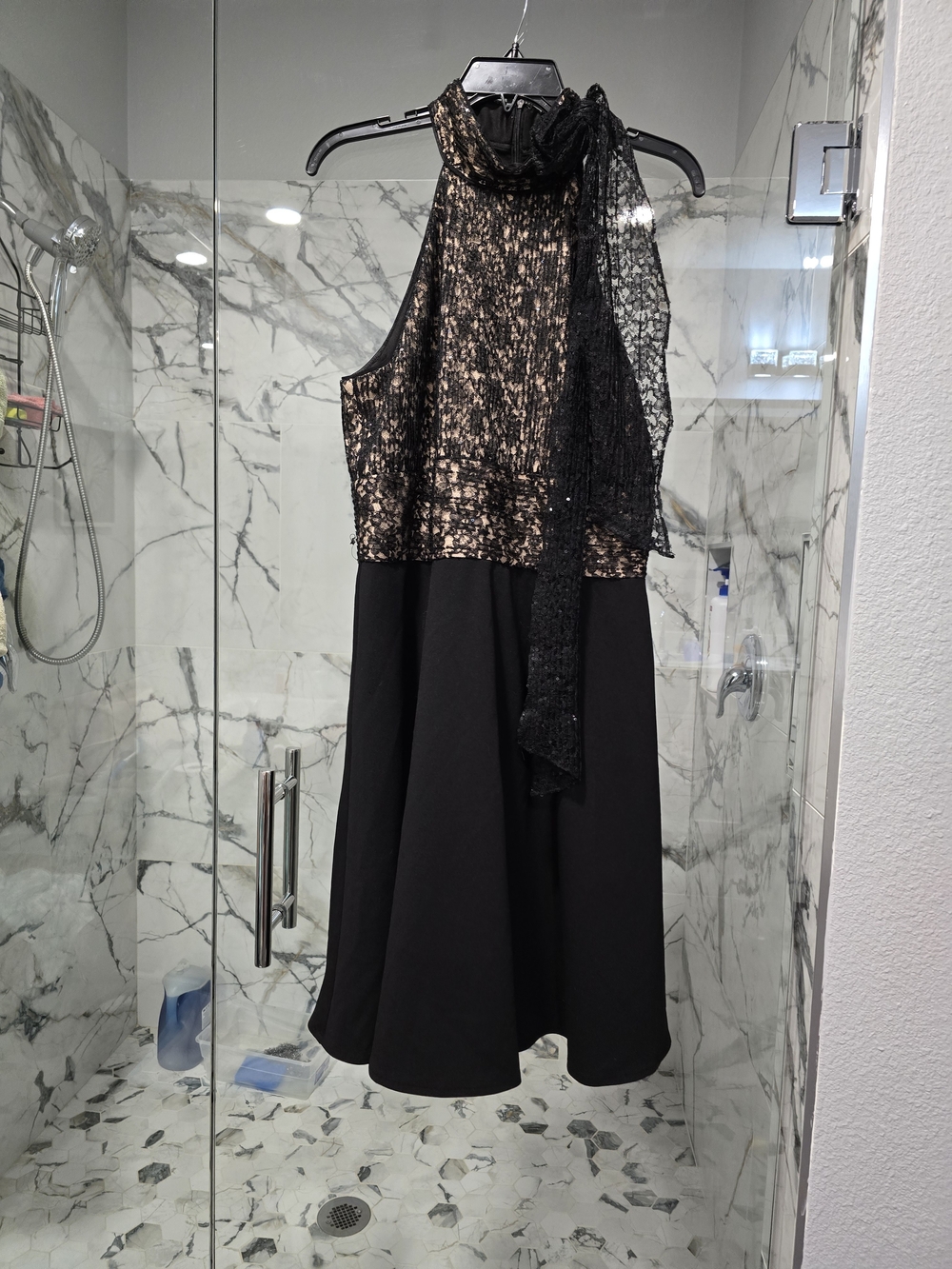 Betsey Johnson Black and Gold Halter Midi Dress with Scarf